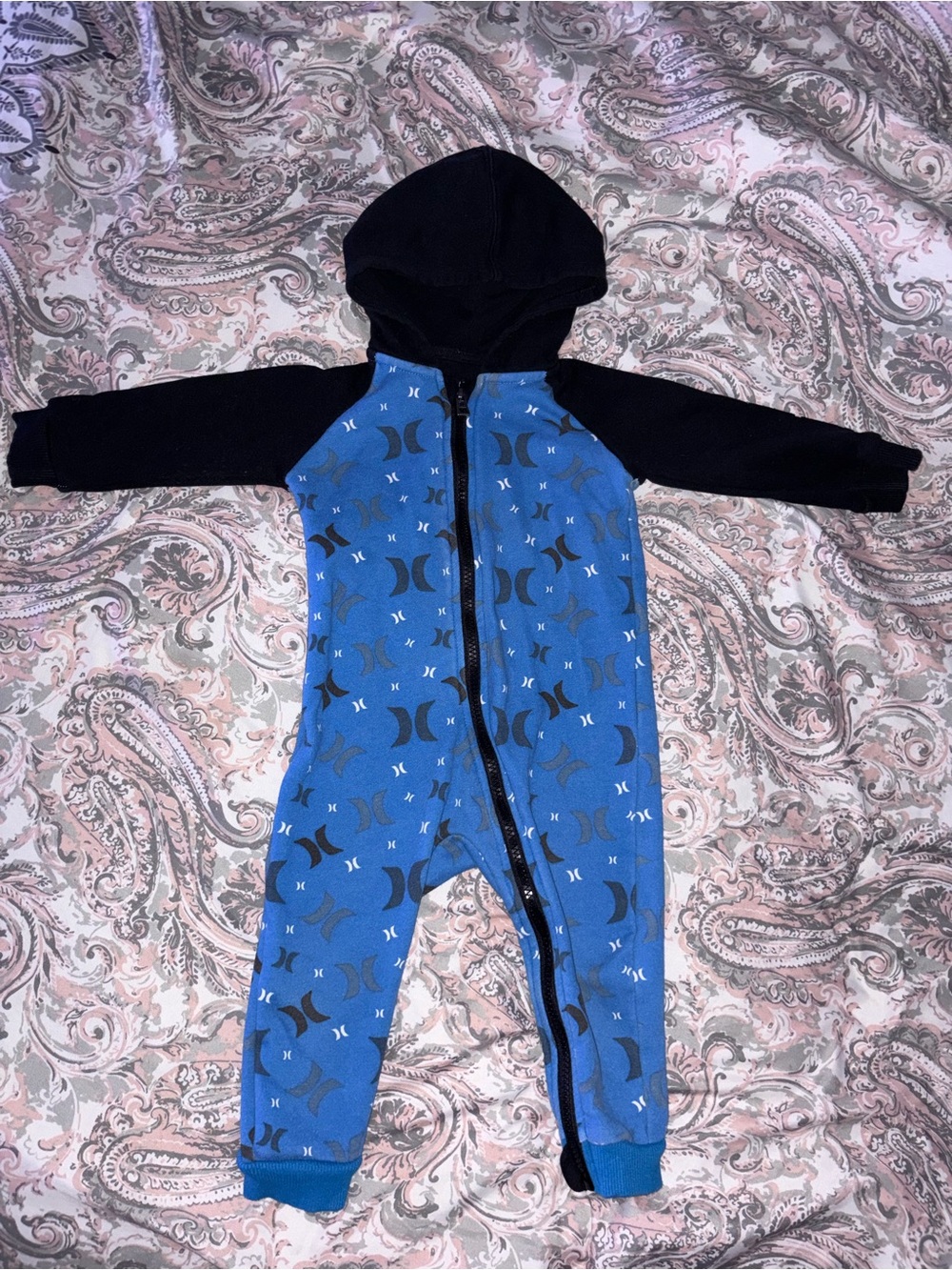 Hurley Blue and Black Hooded Baby One-Piece